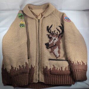 Vintage Deer Knit Sweater Cowichan Cardigan Cowl Zip 60 Men L Brown Hunting Stag